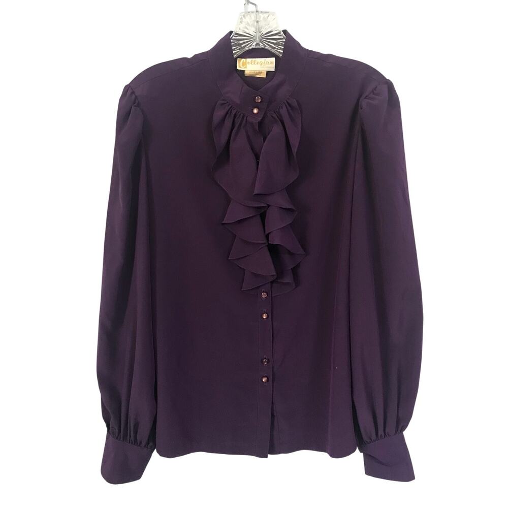 Vintage 70s Collegian of California Purple Long Sleeve Ruffle Button Blouse L